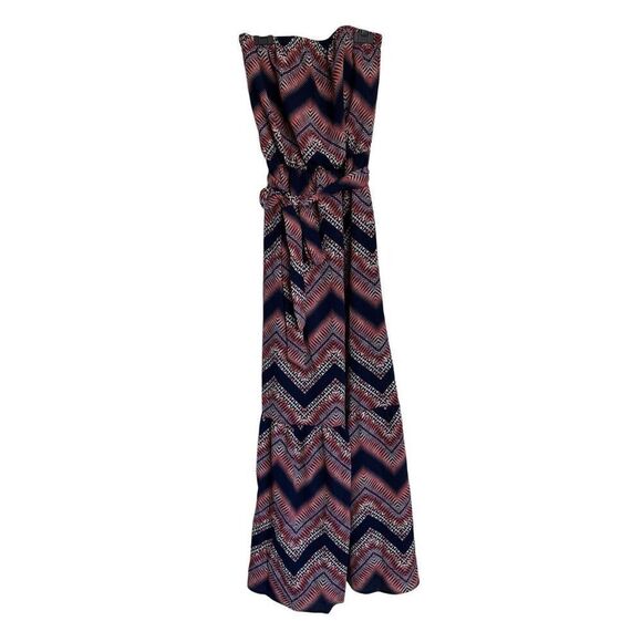 Aqua Maxi Dress Small Navy Chevron Print Belted Flowy Beach Strapless NWOT - Picture 1 of 10